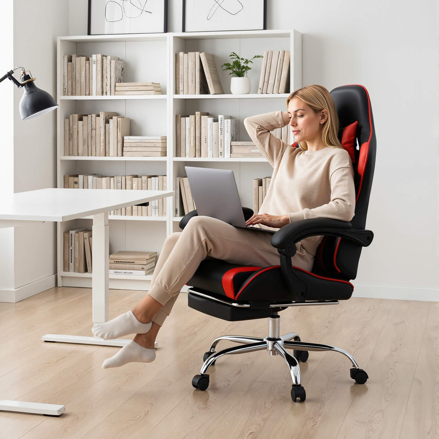 Sweetcrispy Gaming Chair with Footrest Upholstered Armrests for Home Office