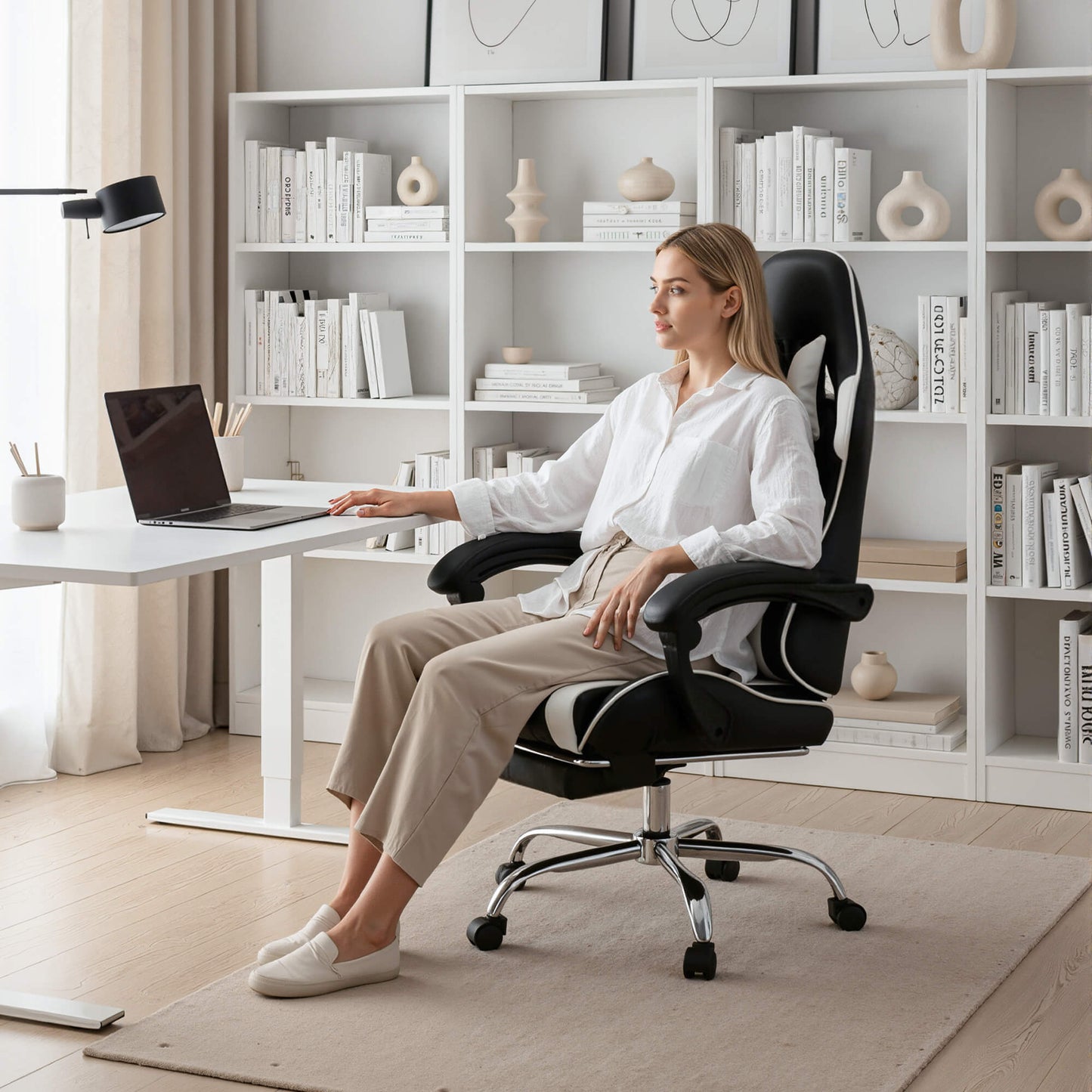 Sweetcrispy Gaming Chair with Footrest Upholstered Armrests for Home Office