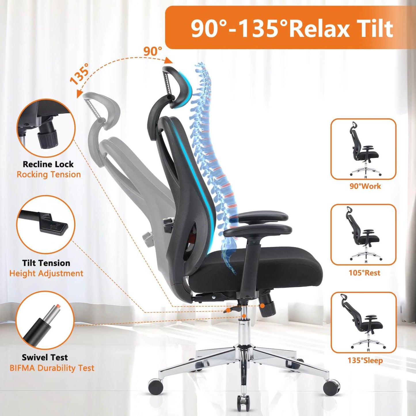 Sweetcrispy Office Chair Tilts 135° for Home and Office
